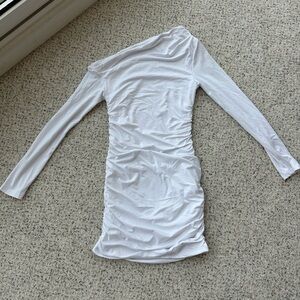 White One-Shoulder Ruched Mini Dress Women’s Small Bodycon Long Sleeve